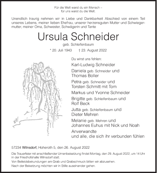 Traueranzeige von Ursula Schneider von Siegener Zeitung
