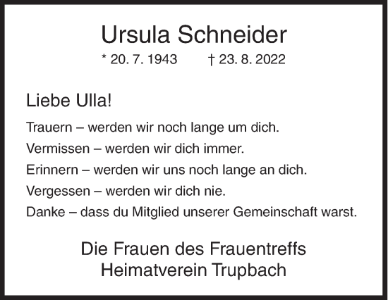 Traueranzeige von Ursula Schneider von Siegener Zeitung