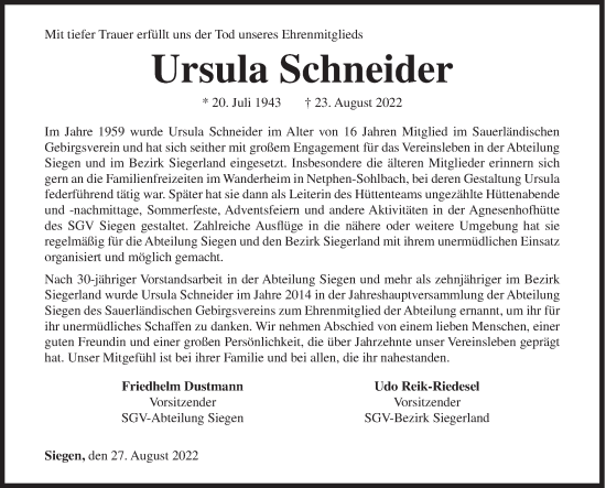Traueranzeige von Ursula Schneider von Siegener Zeitung