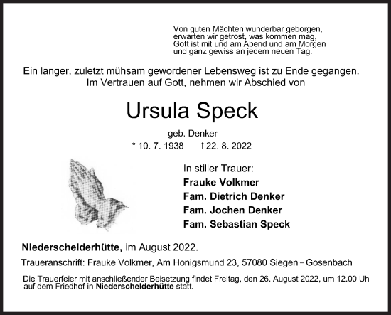 Traueranzeige von Ursula Speck von Siegener Zeitung