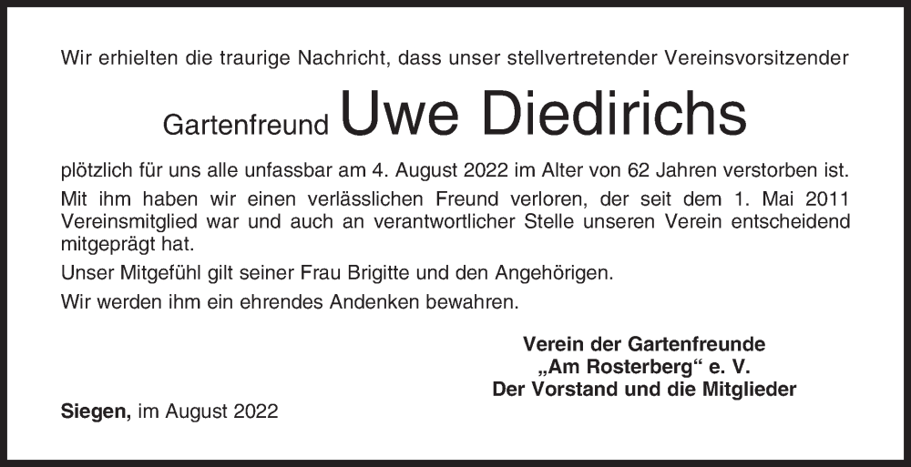 Traueranzeigen von Uwe Diedirichs 57trauer.de