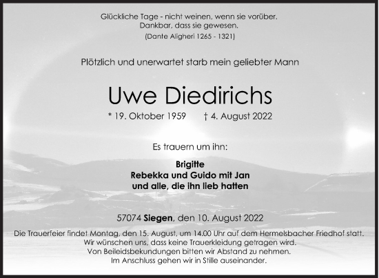 Traueranzeige von Uwe Diedirichs von Siegener Zeitung