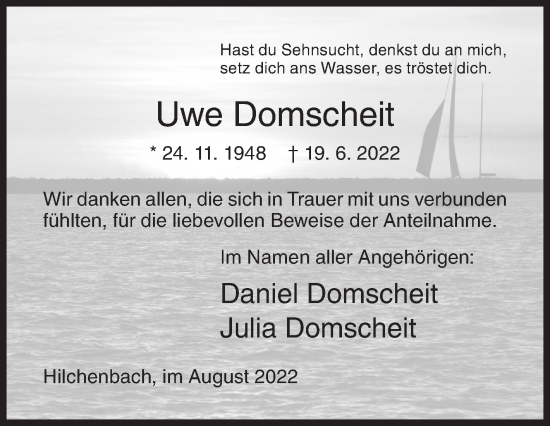 Traueranzeige von Uwe Domscheit von Siegener Zeitung
