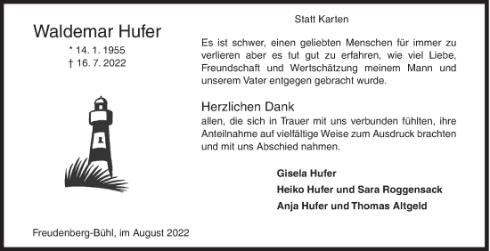Traueranzeige von Waldemar Hufer von Siegener Zeitung