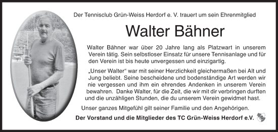 Traueranzeige von Walter Bähner von Siegener Zeitung