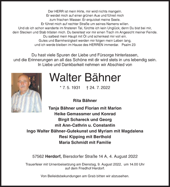 Traueranzeige von Walter Bähner von Siegener Zeitung