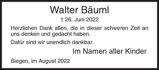 Traueranzeige von Walter Bäuml von Siegener Zeitung