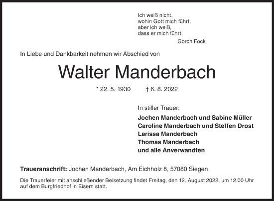 Traueranzeige von Walter Manderbach von Siegener Zeitung