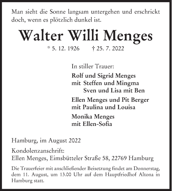 Traueranzeige von Walter Willi Menges von Siegener Zeitung