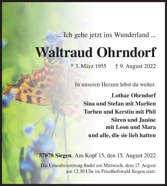 Traueranzeige von Waltraud Ohrndorf von Siegener Zeitung