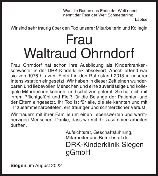 Traueranzeige von Waltraud Ohrndorf von Siegener Zeitung