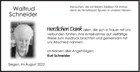 Traueranzeige von Waltrud Schneider von Siegener Zeitung