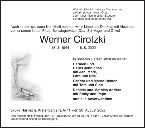 Traueranzeige von Werner Cirotzki von Siegener Zeitung