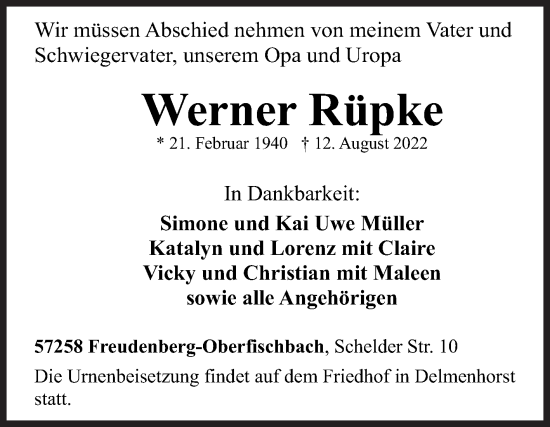 Traueranzeige von Werner Rüpke von Siegener Zeitung