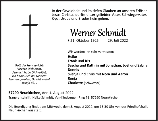 Traueranzeige von Werner Schmidt von Siegener Zeitung