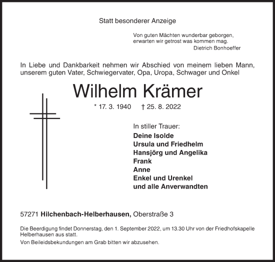 Traueranzeige von Wilhelm Krämer von Siegener Zeitung