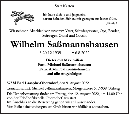 Traueranzeige von Wilhelm Saßmannshausen von Siegener Zeitung