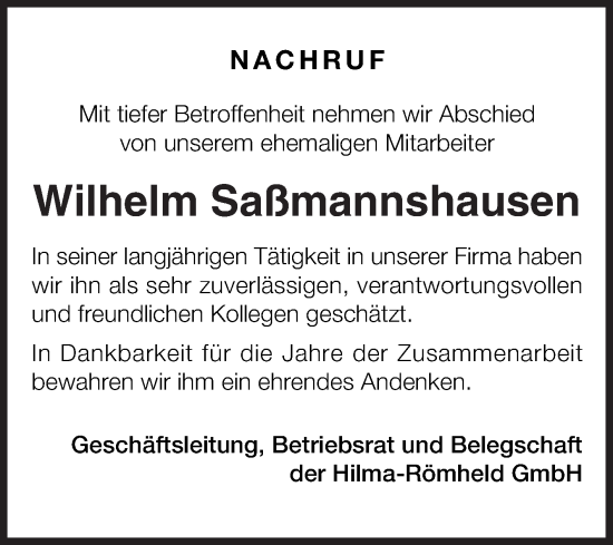 Traueranzeige von Wilhelm Saßmannshausen von Siegener Zeitung