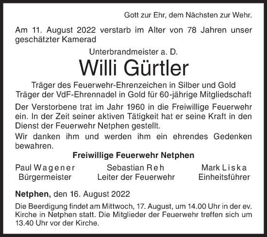 Traueranzeige von Willi Gürtler von Siegener Zeitung