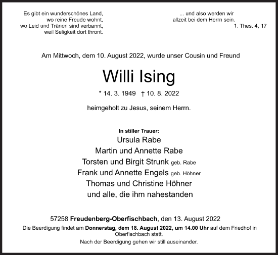 Traueranzeige von Willi Ising von Siegener Zeitung
