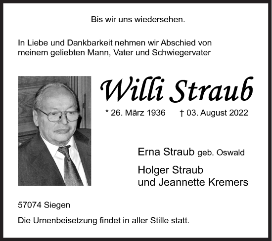 Traueranzeige von Willi Straub von Siegener Zeitung