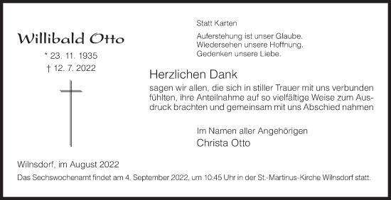 Traueranzeige von Willibald Otto von Siegener Zeitung