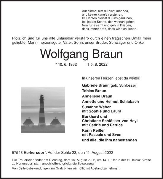 Traueranzeige von Wolfgang Braun von Siegener Zeitung