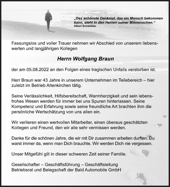 Traueranzeige von Wolfgang Braun von Siegener Zeitung