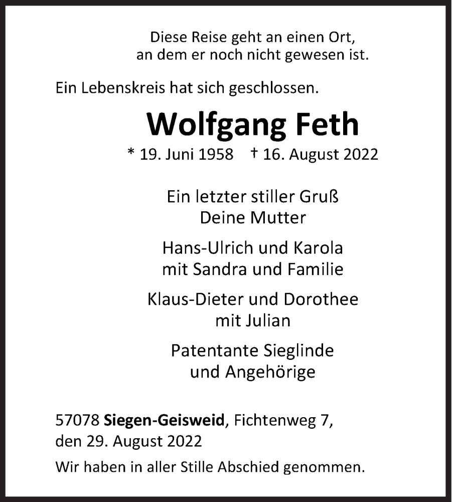  Traueranzeige für Wolfgang Feth vom 29.08.2022 aus Siegener Zeitung