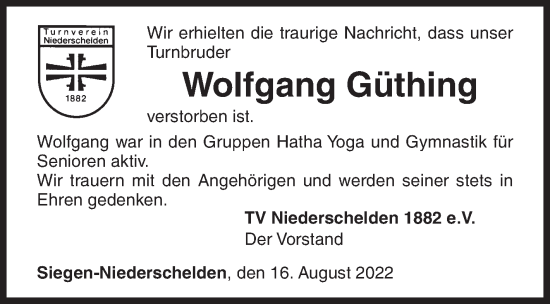 Traueranzeige von Wolfgang Güthing von Siegener Zeitung