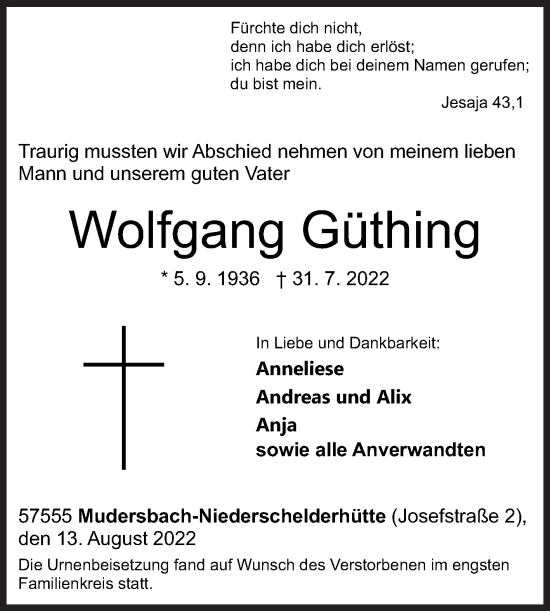 Traueranzeige von Wolfgang Güthing von Siegener Zeitung