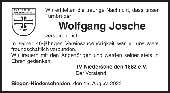 Traueranzeige von Wolfgang Josche von Siegener Zeitung