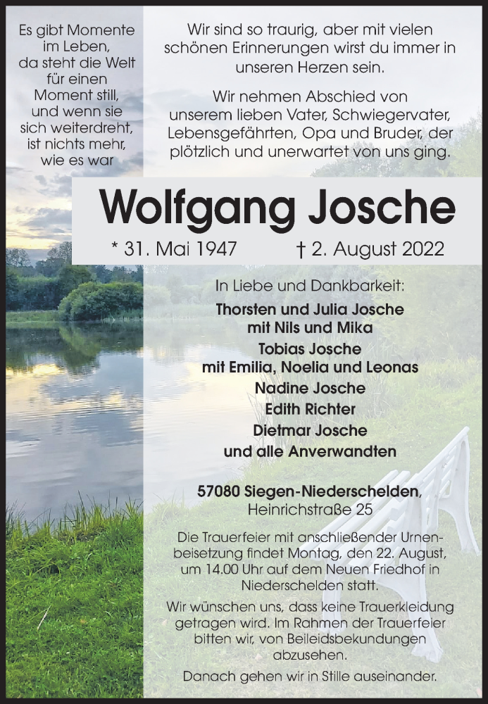  Traueranzeige für Wolfgang Josche vom 13.08.2022 aus Siegener Zeitung