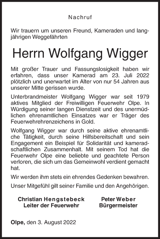 Traueranzeige von Wolfgang Wigger von Siegener Zeitung