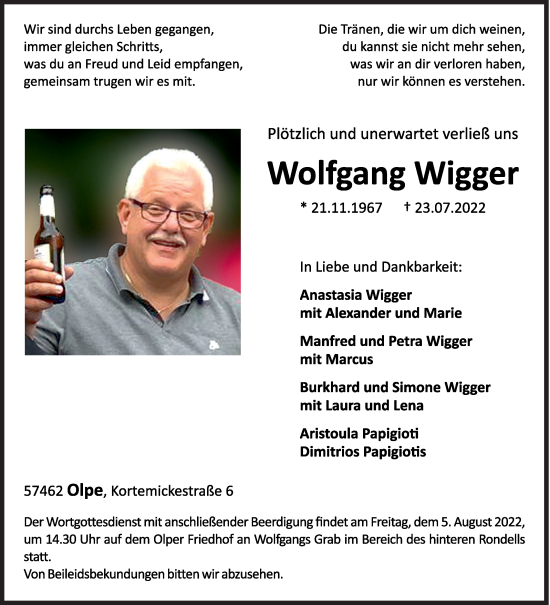 Traueranzeige von Wolfgang Wigger von Siegener Zeitung