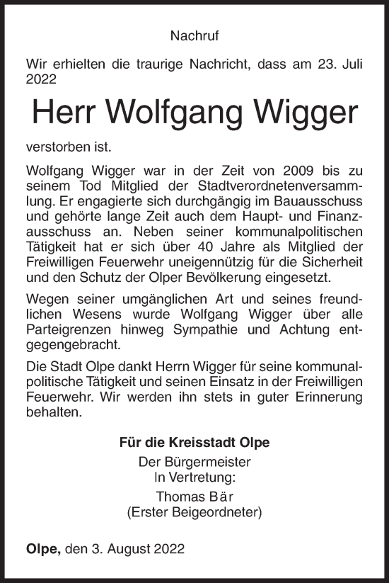 Traueranzeige von Wolfgang Wigger von Siegener Zeitung
