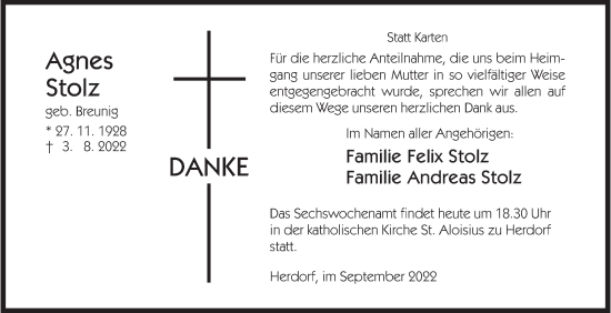 Traueranzeige von Agnes Stolz von Siegener Zeitung