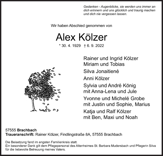 Traueranzeige von Alex Kölzer von Siegener Zeitung