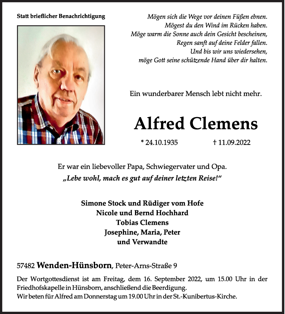  Traueranzeige für Alfred Clemens vom 13.09.2022 aus Siegener Zeitung