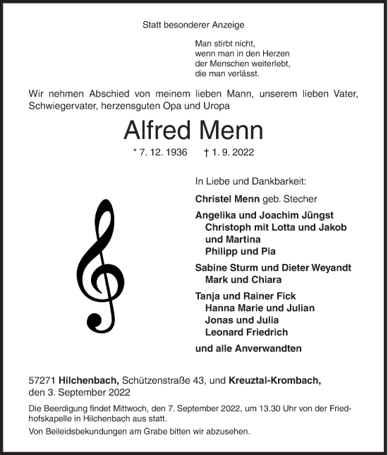 Traueranzeige von Alfred Menn von Siegener Zeitung