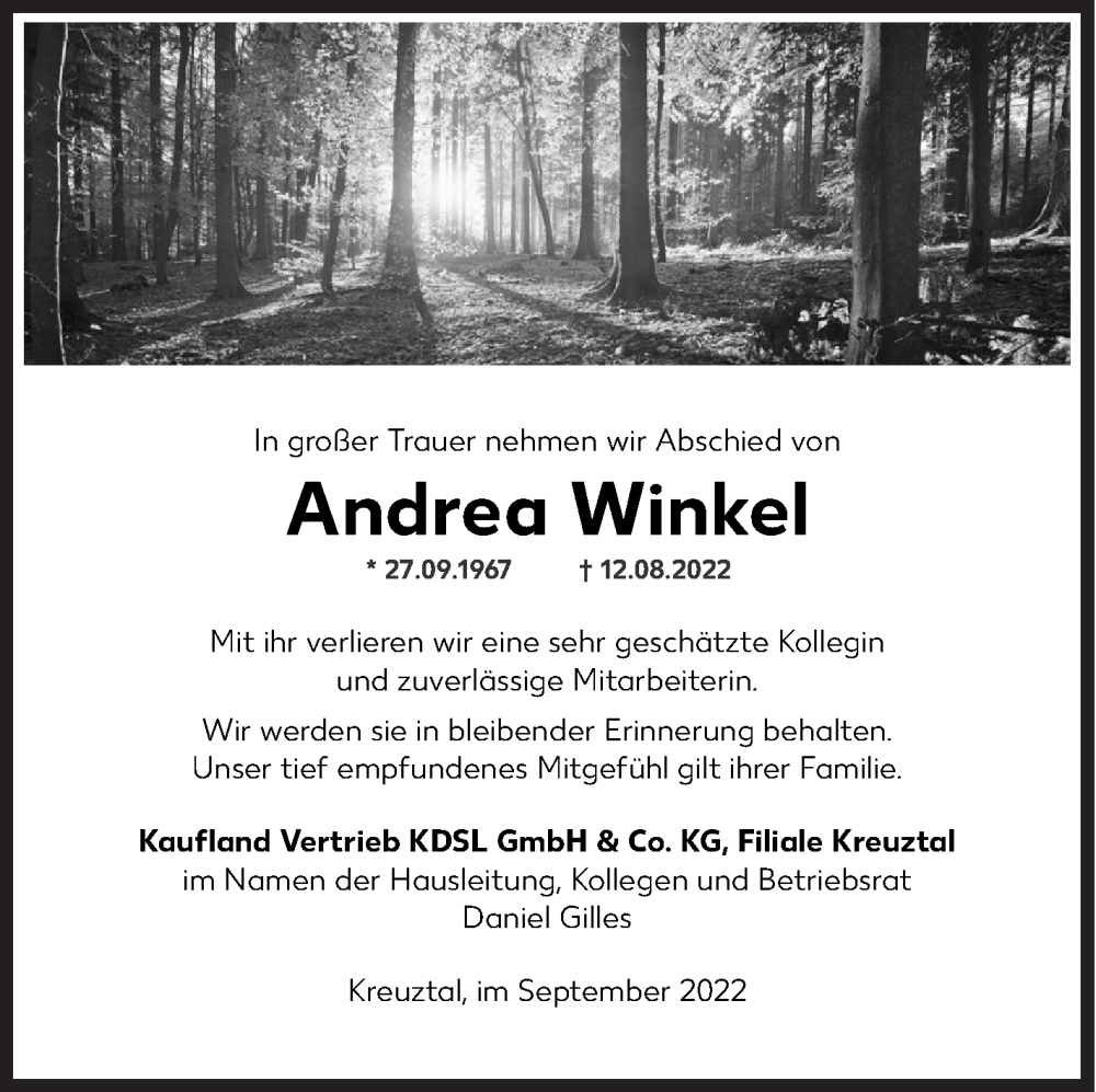  Traueranzeige für Andrea Winkel vom 17.09.2022 aus Siegener Zeitung