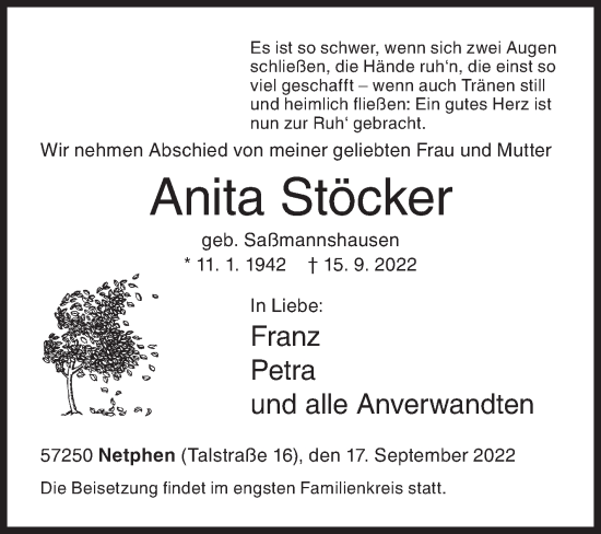 Traueranzeige von Anita Stöcker von Siegener Zeitung
