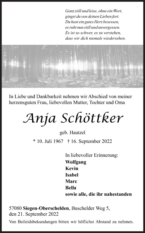 Traueranzeige von Anja Schöttker von Siegener Zeitung