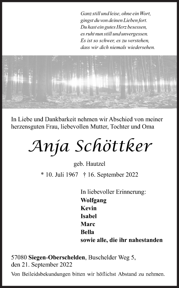  Traueranzeige für Anja Schöttker vom 21.09.2022 aus Siegener Zeitung