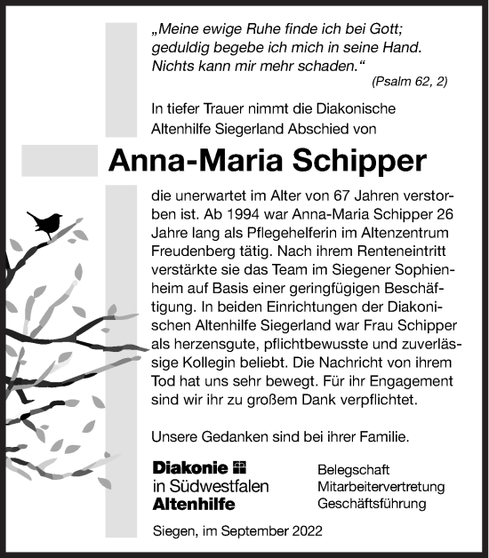 Traueranzeige von Anna-Maria Schipper von Siegener Zeitung