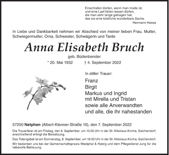 Traueranzeige von Anna Elisabeth Bruch von Siegener Zeitung