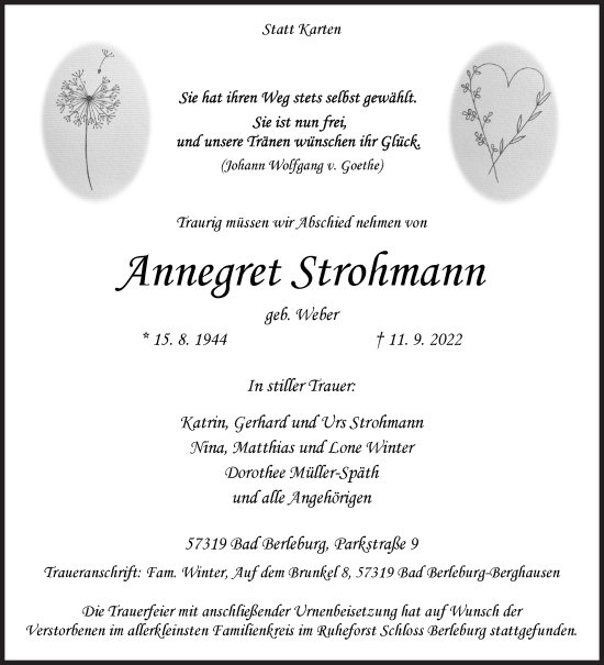 Traueranzeige von Annegret Strohmann von Siegener Zeitung