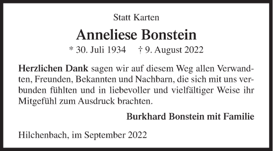 Traueranzeige von Anneliese Bonstein von Siegener Zeitung