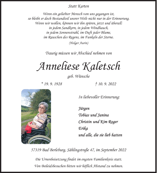 Traueranzeige von Anneliese Kaletsch von Siegener Zeitung