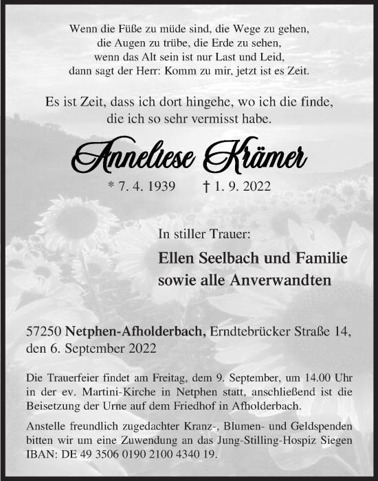 Traueranzeige von Anneliese Krämer von Siegener Zeitung